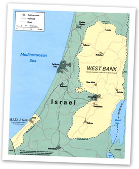 Map of Gaza, the West Bank, and Jerusalem